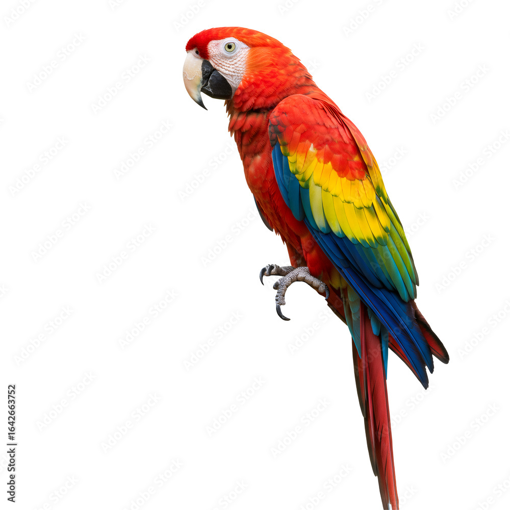 Fototapeta premium Vibrant Scarlet Macaw with Red Yellow and Blue Plumage Against a Black Backdrop