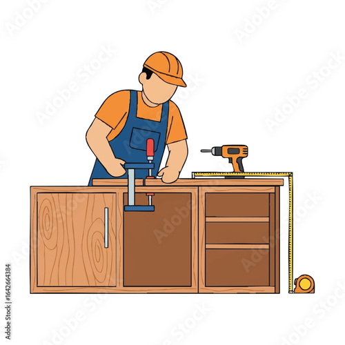 A faceless carpenter in blue overalls, wearing a safety helmet, is shown working on a wooden cabinet with tools on a workbench in a workshop.