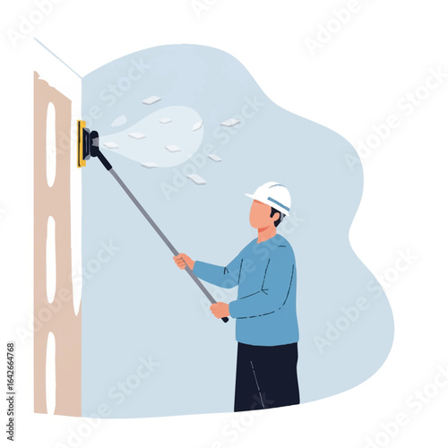 An illustration of a worker wearing a hard hat, meticulously sanding a wall with a pole sander, symbolizing renovation and construction.