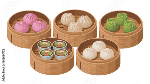 Assortment of colorful dim sum in bamboo steamers isolated on white background