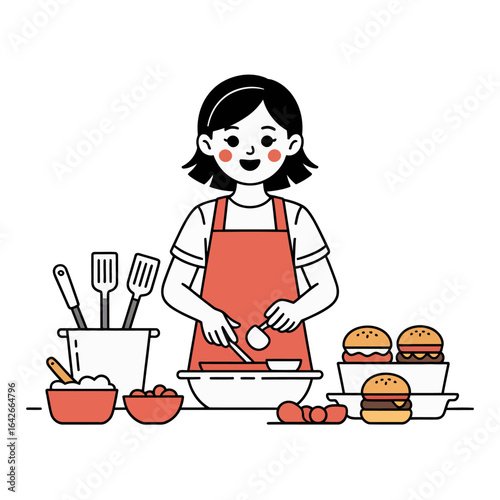 Young girl in apron preparing food and burgers isolated on white background