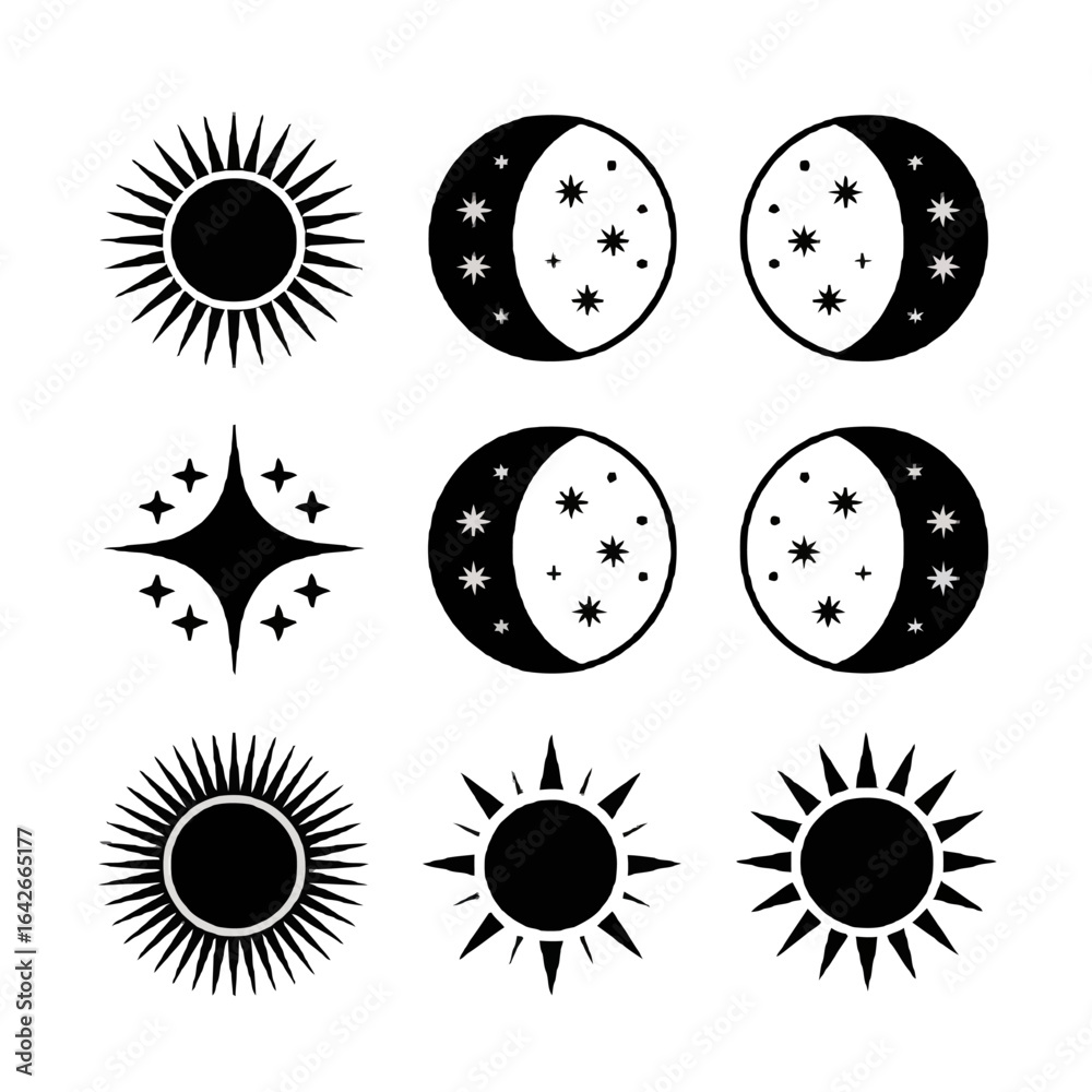 Fototapeta premium Collection of celestial symbols sun moon and stars isolated on white background