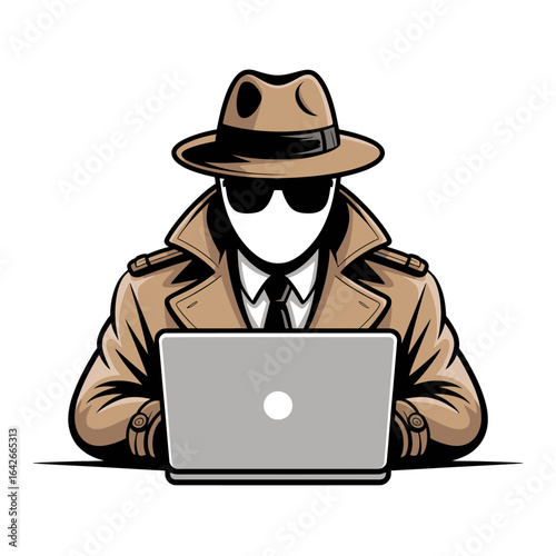 Anonymous hacker in trench coat and fedora using laptop isolated on white background