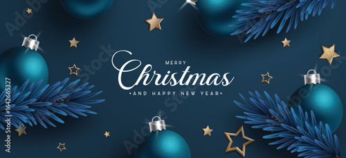 Merry Christmas blue greeting card clipart banner. Merry Christmas and happy new year greeting text clip art with pine tree leaves and bauble elements in gold star background for xmas holiday banner 