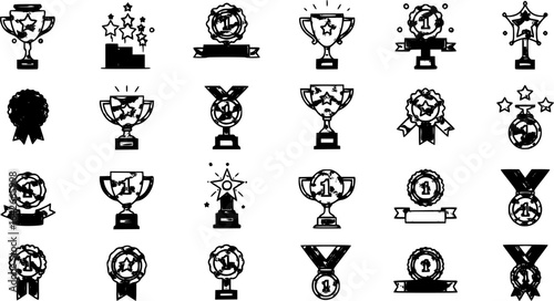 Set of winning award and prize icons, trophy reward, victory trophy signs depicting an award, victory cup achievement, winner medal - stock vector