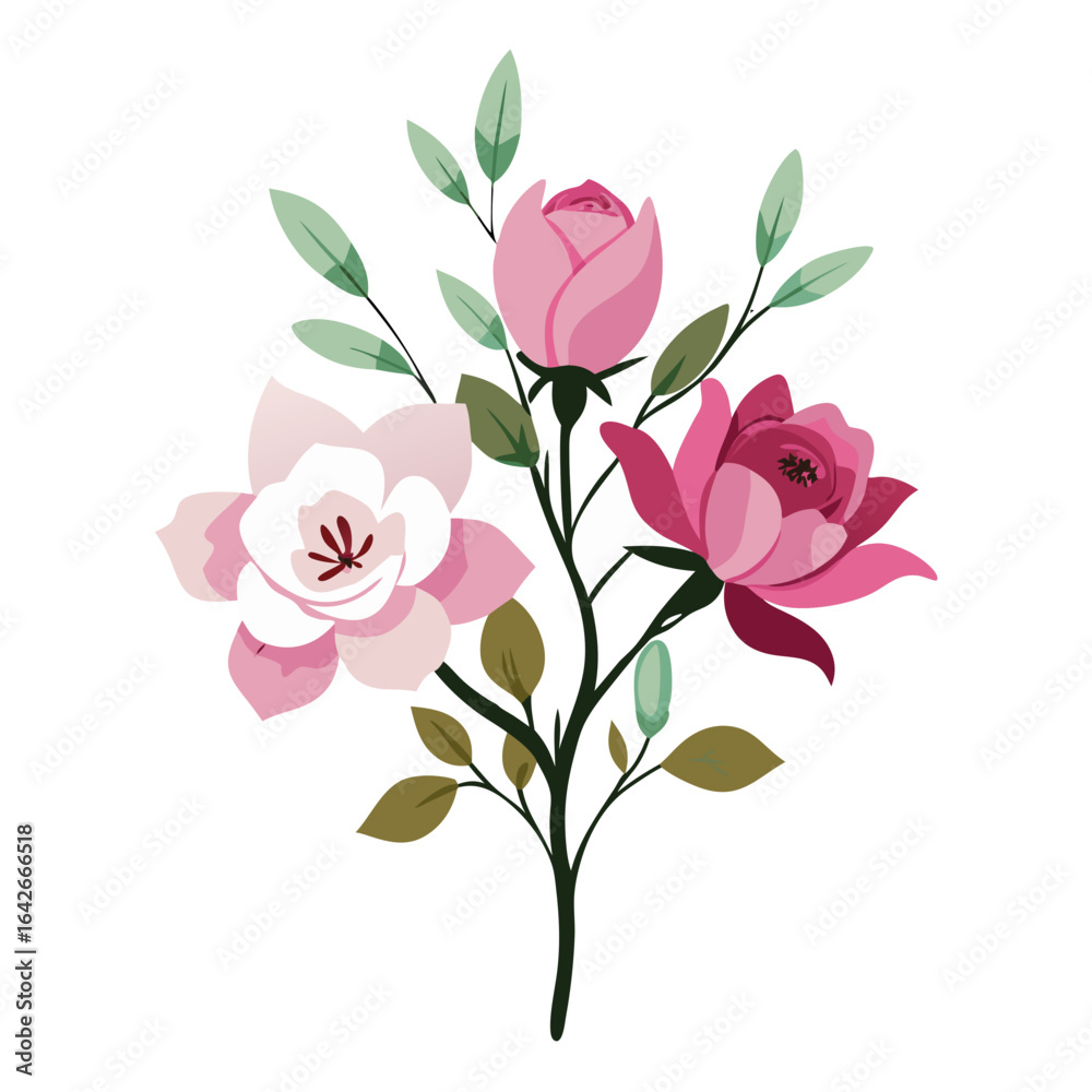 A delicate floral arrangement featuring pink roses and a light pink magnolia with green leaves on a black background A delicate floral arrangement featuring pink roses and a light pink magnolia with green leaves on a black background