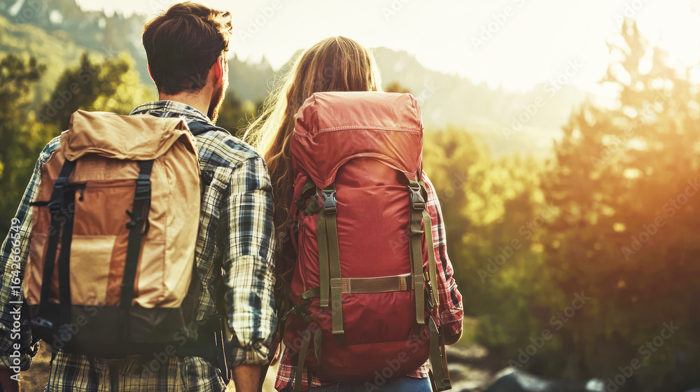Obraz premium A couple hiking with backpacks, setting out for a camping trip in the wilderness.