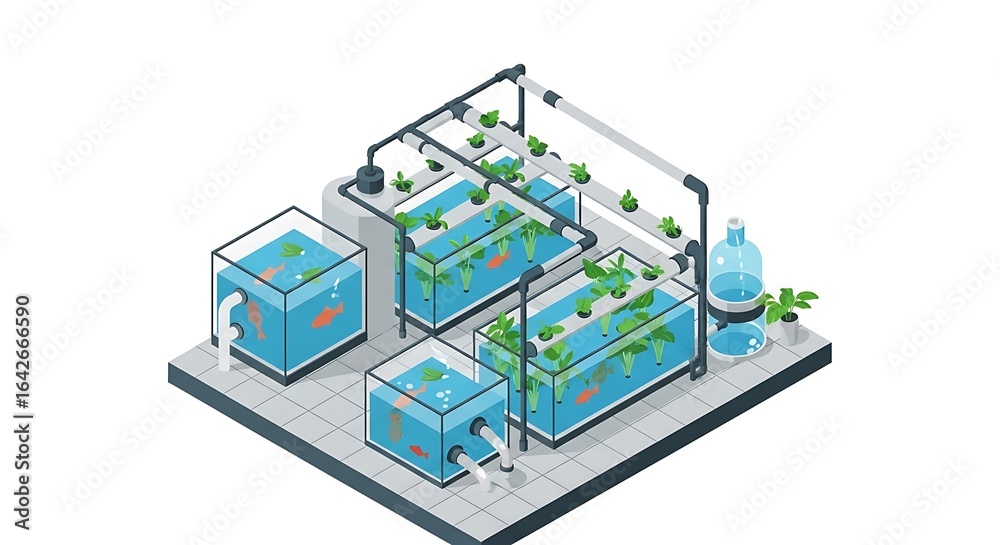 Obraz premium Aquaponics system showing fish and plants in a sustainable ecosystem for educational presentations or infographics