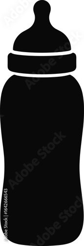Baby bottle silhouette, rounded nipple, curved body, black vector icon, infant feeding tool, minimalist design, nursery essential, baby care product, parenting illustration.
