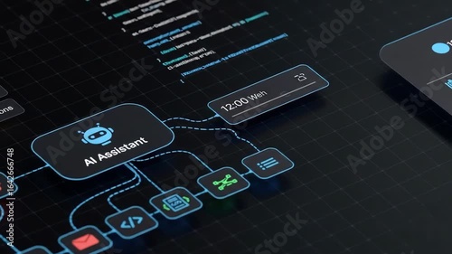 Intricate digital flow chart depicting connected processing nodes Artificial intelligence powers the information system Sleek design communicates complex data management Futuristic technology concept