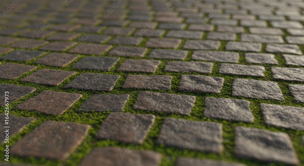 Fototapeta premium Stone Pavement with Green Moss Close-up Perspective View.