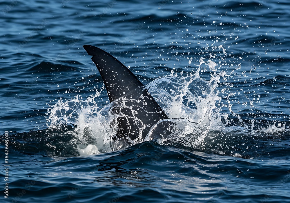 Fototapeta premium Shark fin breaking ocean surface in the wild