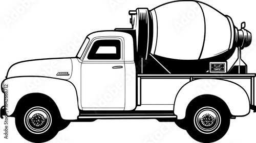 Detailed vector illustration of an old cement mixer truck in a monochrome style