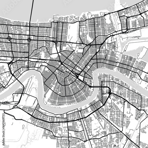 New Orleans City Map Art Print Refined Monochrome Urban Grids in Sleek Linework, Modern Blueprint Aesthetic for a Touch of Understated Elegance with White and Black Sophistication.