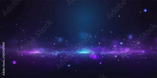 A dark blue abstract galaxy with glowing particles and bright stars moving through a cosmic dust nebula