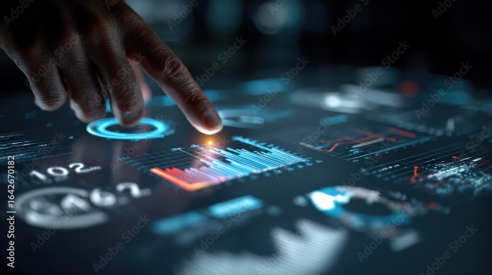 Fototapeta premium Hand Touching Futuristic Data Interface with Glowing Elements.