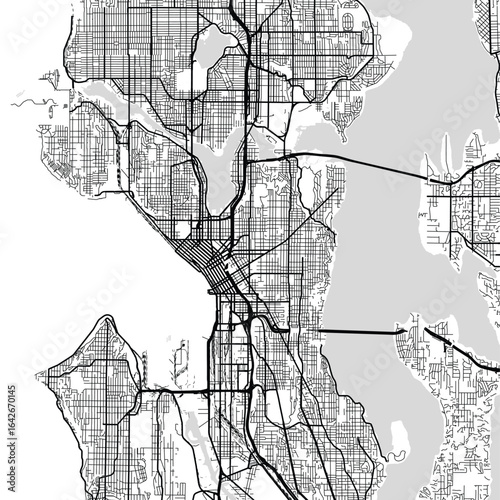 Seattle City Map Art Print Sleek Urban Grid Designs in Refined Monochrome, Minimalist Blueprint Aesthetic with White and Black Accents, Elegant Linework, Modern Street Silhouettes for Home Decor.