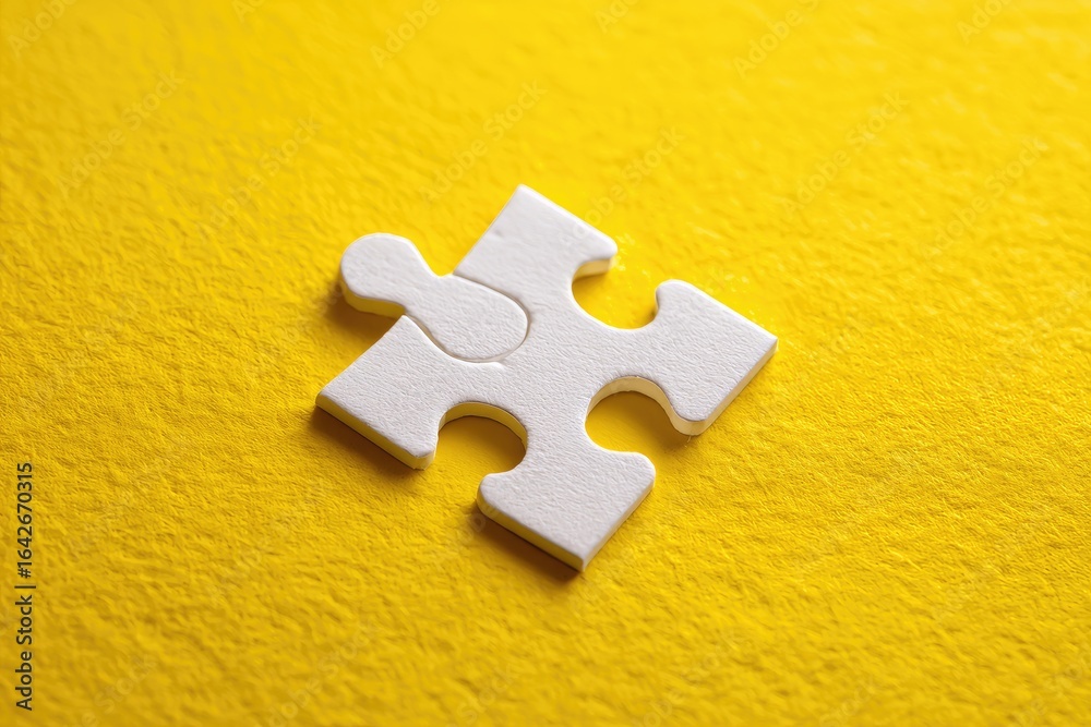 Fototapeta premium Single white puzzle piece on a bright yellow background