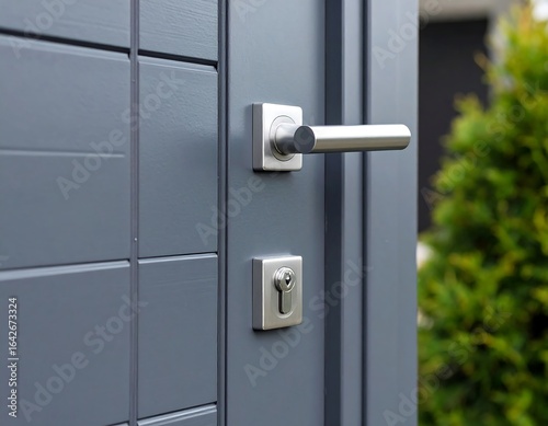 Modern gray door with metal hardware