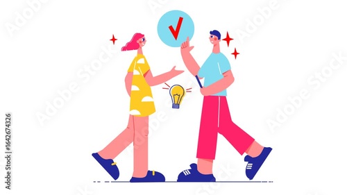 Creative Collaboration Between Two People with Light Bulb and Check Symbol