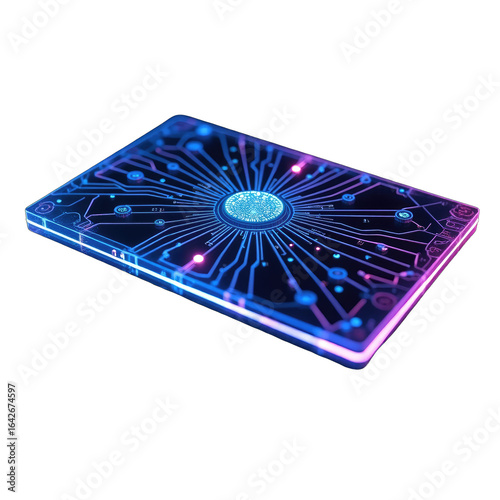 Transparent electronic circuit board with glowing inner design.