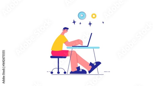 Young Man Using Laptop in Creative Work Environment With Bright Illustrative Design