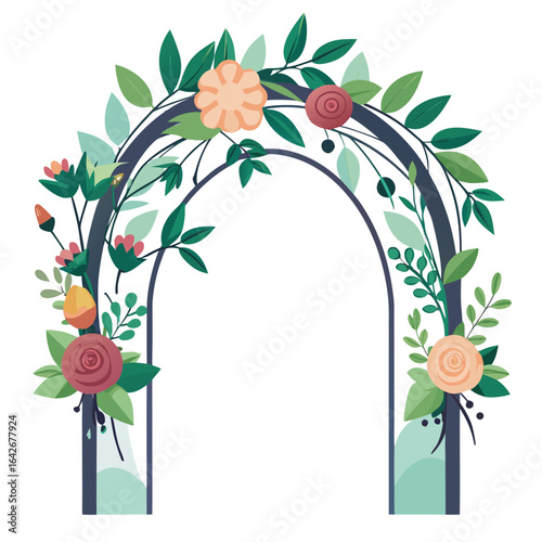 Floral archway with greenery and flowers isolated on white background