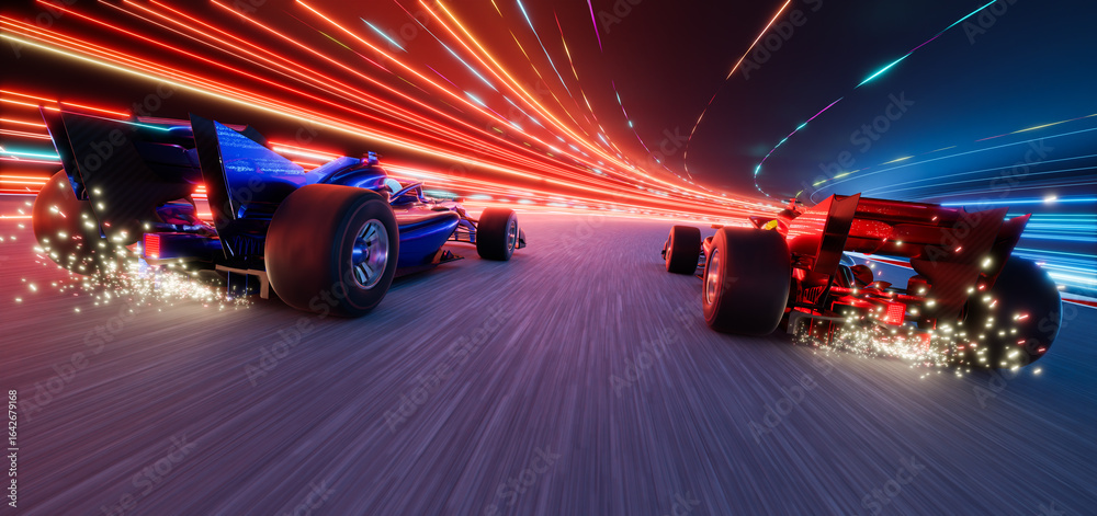 Obraz premium 3d rendering racing cars speeding on futuristic track with light trails at night