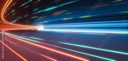 Fototapeta Naklejka Na Ścianę i Meble -  3d rendering light trails illuminating a futuristic racing circuit at night