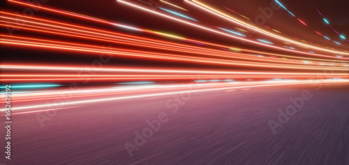 Photography 3d rendering colorful light trails streaking across dark background with fast mo
