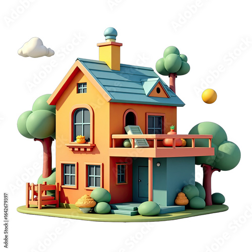 Colorful cartoon style house with trees and a porch.