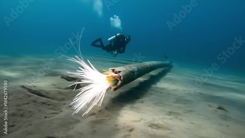 Diver conducting underwater repair of damaged submarine internet cable, restoring high-speed global communication and undersea data transmission connectivity.