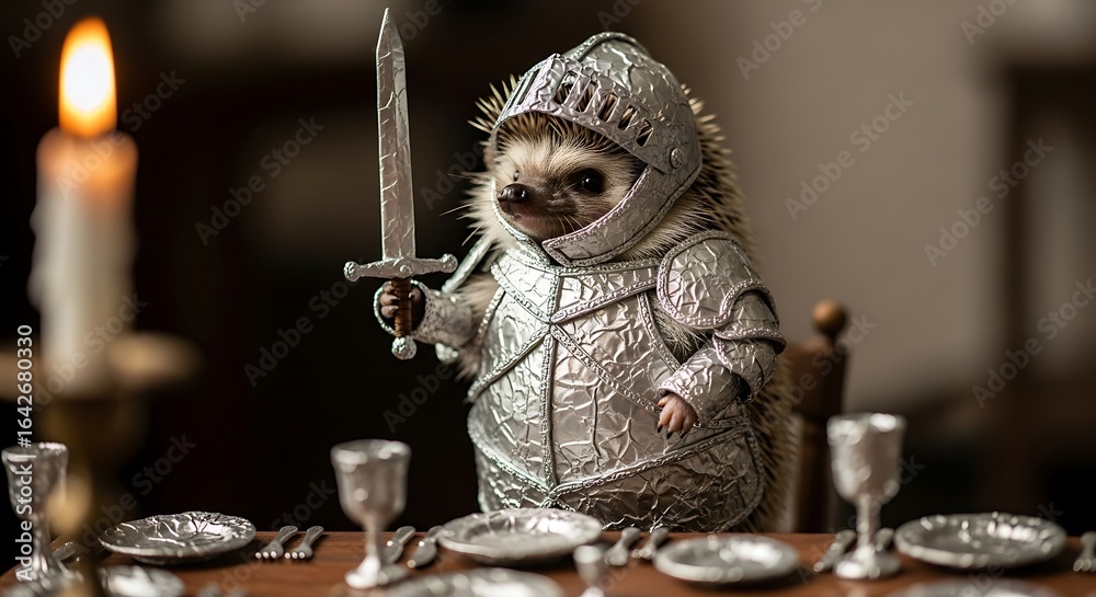 Obraz premium Adorable hedgehog knight in shining armor holding a sword standing at a formal dinner table with a candle