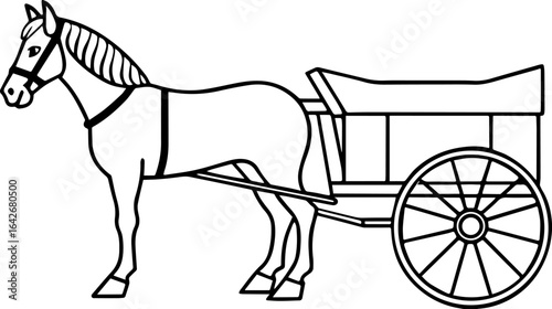 Horse cart black outline vector and illustration, coloring book page