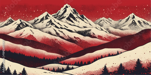 A breathtaking winter landscape of snow-covered mountain peaks under a cold, clear sky