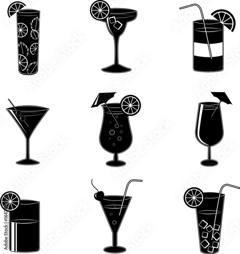 Collection of nine black and white cocktail illustrations with garnishes