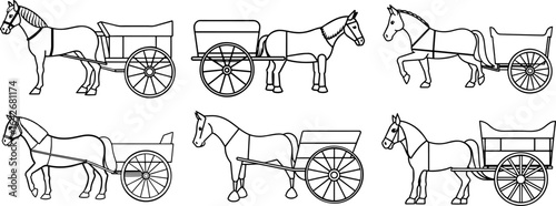 Set of Horse cart black outline vector and illustration, coloring book page