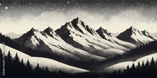 A high-angle view of a panoramic winter mountain landscape with snow-capped peaks and clouds