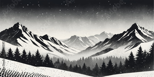 A cold winter landscape shows snow-capped mountain peaks touching a cloudy sky above a frosted forest