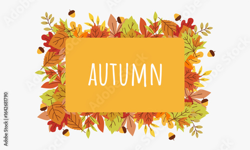 Colorful aesthetic autumn background with vibrant fall leaves and acorns