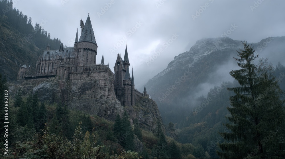 Misty mountain castle view Misty mountain castle view