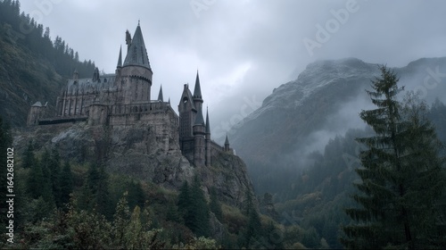 Misty mountain castle view