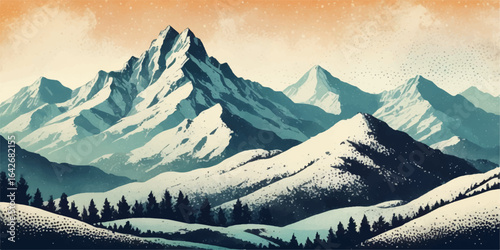 An alpine winter landscape of snowy peaks and trees under a clear sky