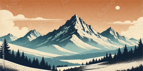 A panoramic winter landscape showcases snow-capped mountain peaks piercing through a blue sky, with a cold mist blanketing the valley and evergreen trees