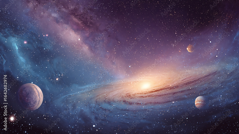 Obraz premium Vast and colorful galaxy with swirling nebula, stars, and planets, representing the beauty and mystery of outer space