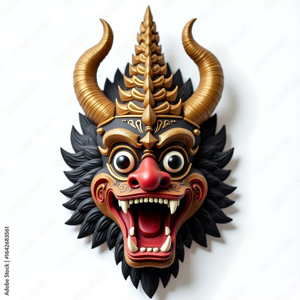 Naklejka premium Traditional Balinese Barong Mask Top View on White Background