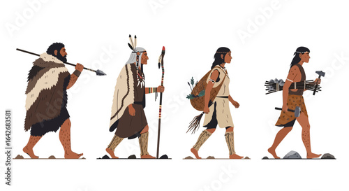 Native Americans Walking with Illustration, and Isolated.