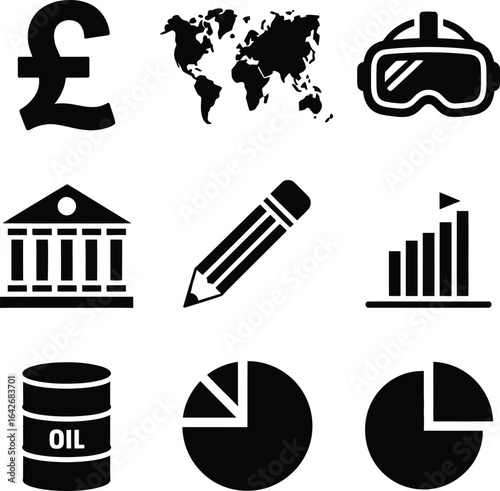 Collection of Business and Finance Icons with World Map and VR Goggles pound sterling