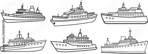 Set of Outline of icebreaker ship vector illustration, line art