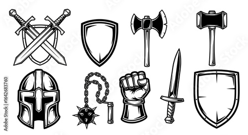 Medieval Weapon Set Vintage Black and white.